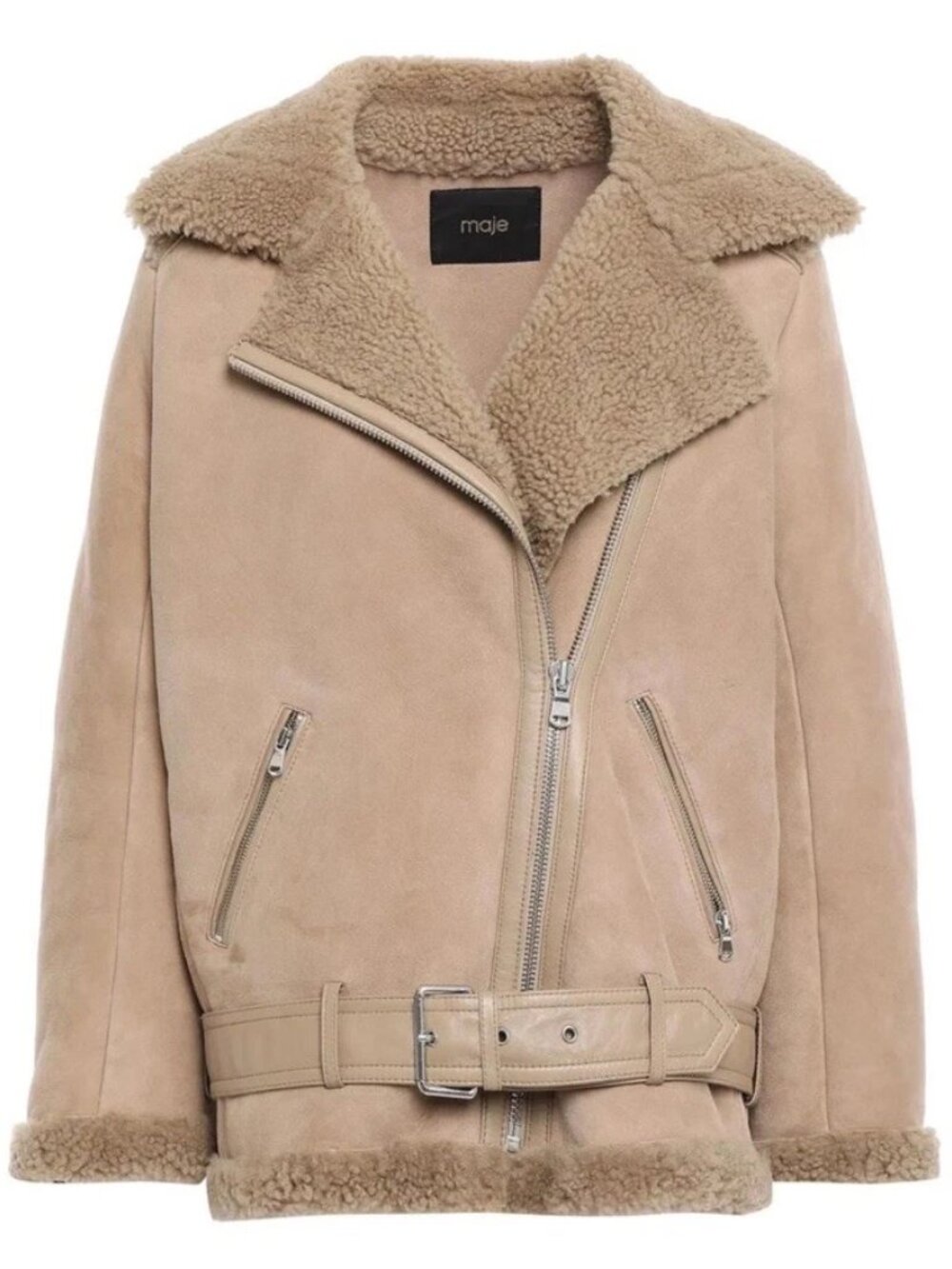 NEW! Maje Gombery Shearling Moto Jacket Beige Lamb Leather Fur Belted Sz 36 US 4